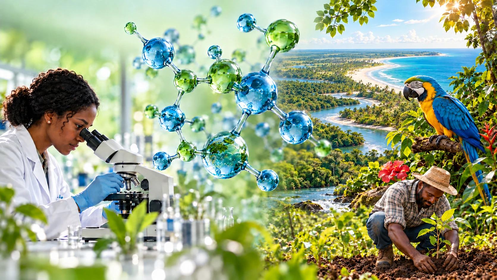 Pesquisa científica, biodiversidade, litoral brasileiro e agricultor plantando uma muda.